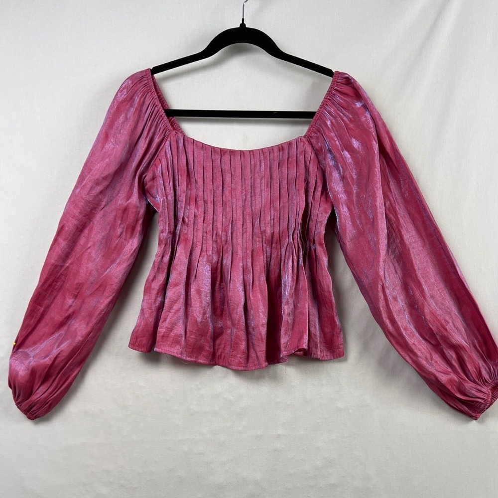 Altard Slate Peplum Blouse Womens Medium Pink Iridescent Balloon Sleeve Smocked